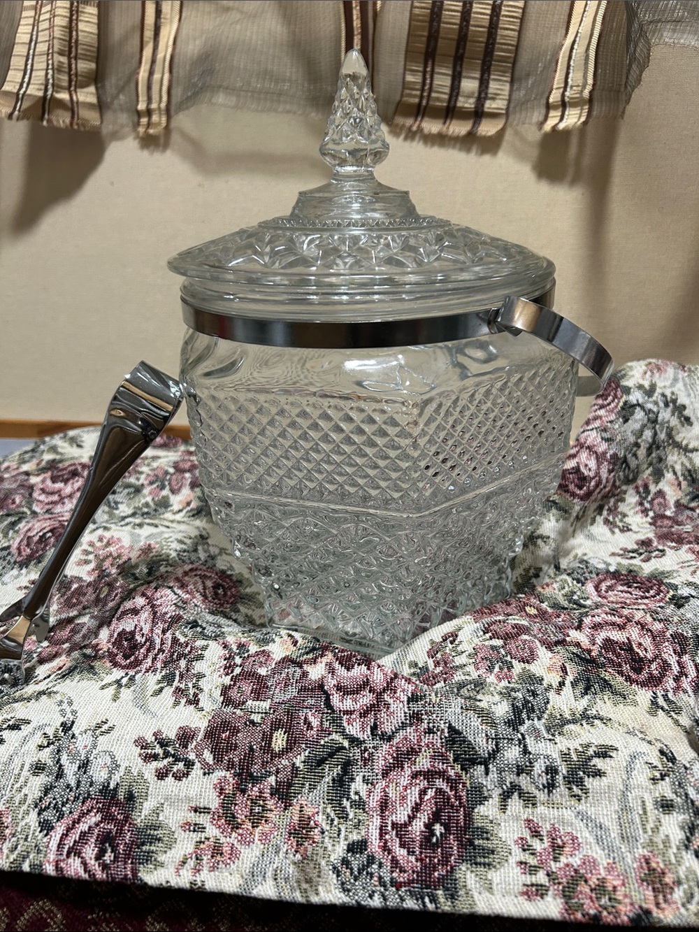 Cut Glass Covered Ice Bucket with Silver-Tone Accents